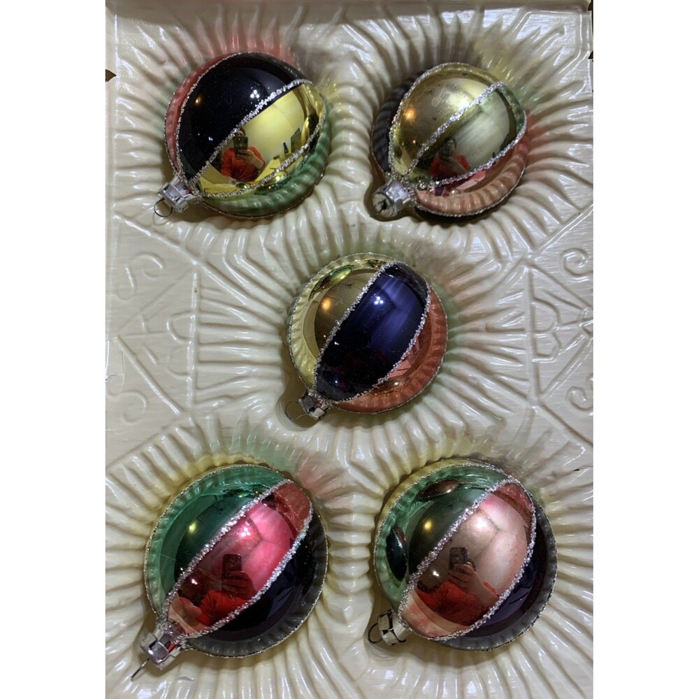 Vintage 5 Romania Glass Ornaments 1970s Hand Decorated Christmas Original Box